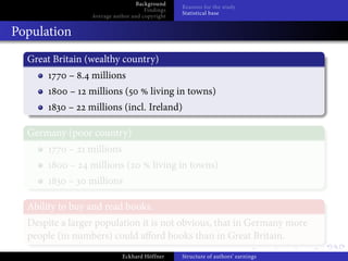 Background
                                                Reasons for the study
                                     Findings
                                                Statistical base
                 Average author and copyright


Population
  Great Britain (wealthy country)
            – . millions
            –   millions (             living in towns)
           –    millions (incl. Ireland)

  Germany (poor country)
            –   millions
            –    millions (             living in towns)
           –    millions

  Ability to buy and read books.
  Despite a larger population it is not obvious, that in Germany more
  people (in numbers) could a ord books than in Great Britain.
                            Eckhard Höffner     Structure of authors’ earnings
 