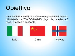 Obiettivo
Il mio obbiettivo consiste nell’analizzare; secondo il modello
di Hofstede con “The 6-D Model” spiegato in precedenza, 3
paesi, e metterli a confronto. 

Italia China Norway
 