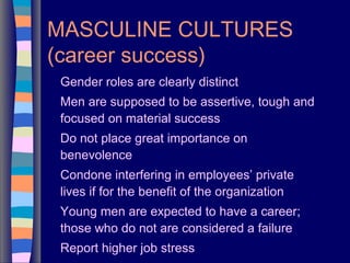 MASCULINE CULTURES
(career success)
Gender roles are clearly distinct
Men are supposed to be assertive, tough and
focused on material success
Do not place great importance on
benevolence
Condone interfering in employees’ private
lives if for the benefit of the organization
Young men are expected to have a career;
those who do not are considered a failure
Report higher job stress
 