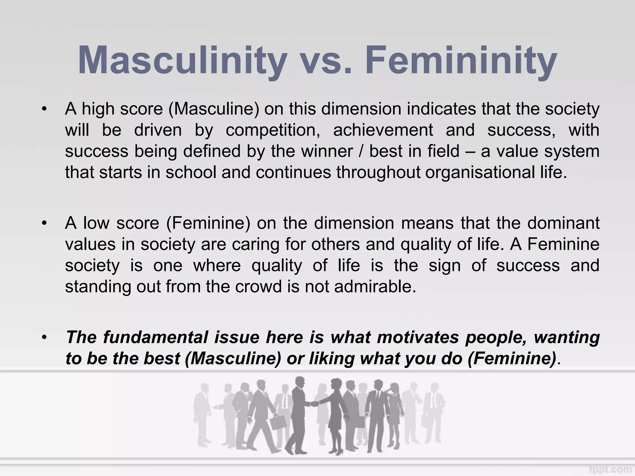 Masculinity vs. Femininity
• A high score (Masculine) on this dimension indicates that the society
will be driven by competition, achievement and success, with
success being defined by the winner / best in field – a value system
that starts in school and continues throughout organisational life.
• A low score (Feminine) on the dimension means that the dominant
values in society are caring for others and quality of life. A Feminine
society is one where quality of life is the sign of success and
standing out from the crowd is not admirable.
• The fundamental issue here is what motivates people, wanting
to be the best (Masculine) or liking what you do (Feminine).
 