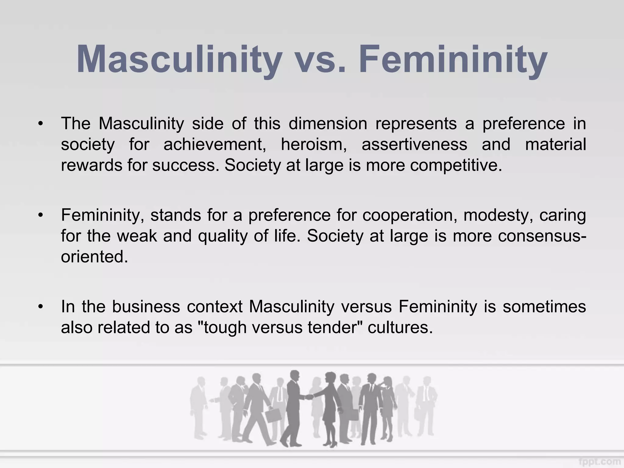 Masculinity vs. Femininity
• The Masculinity side of this dimension represents a preference in
society for achievement, heroism, assertiveness and material
rewards for success. Society at large is more competitive.
• Femininity, stands for a preference for cooperation, modesty, caring
for the weak and quality of life. Society at large is more consensus-
oriented.
• In the business context Masculinity versus Femininity is sometimes
also related to as "tough versus tender" cultures.
 