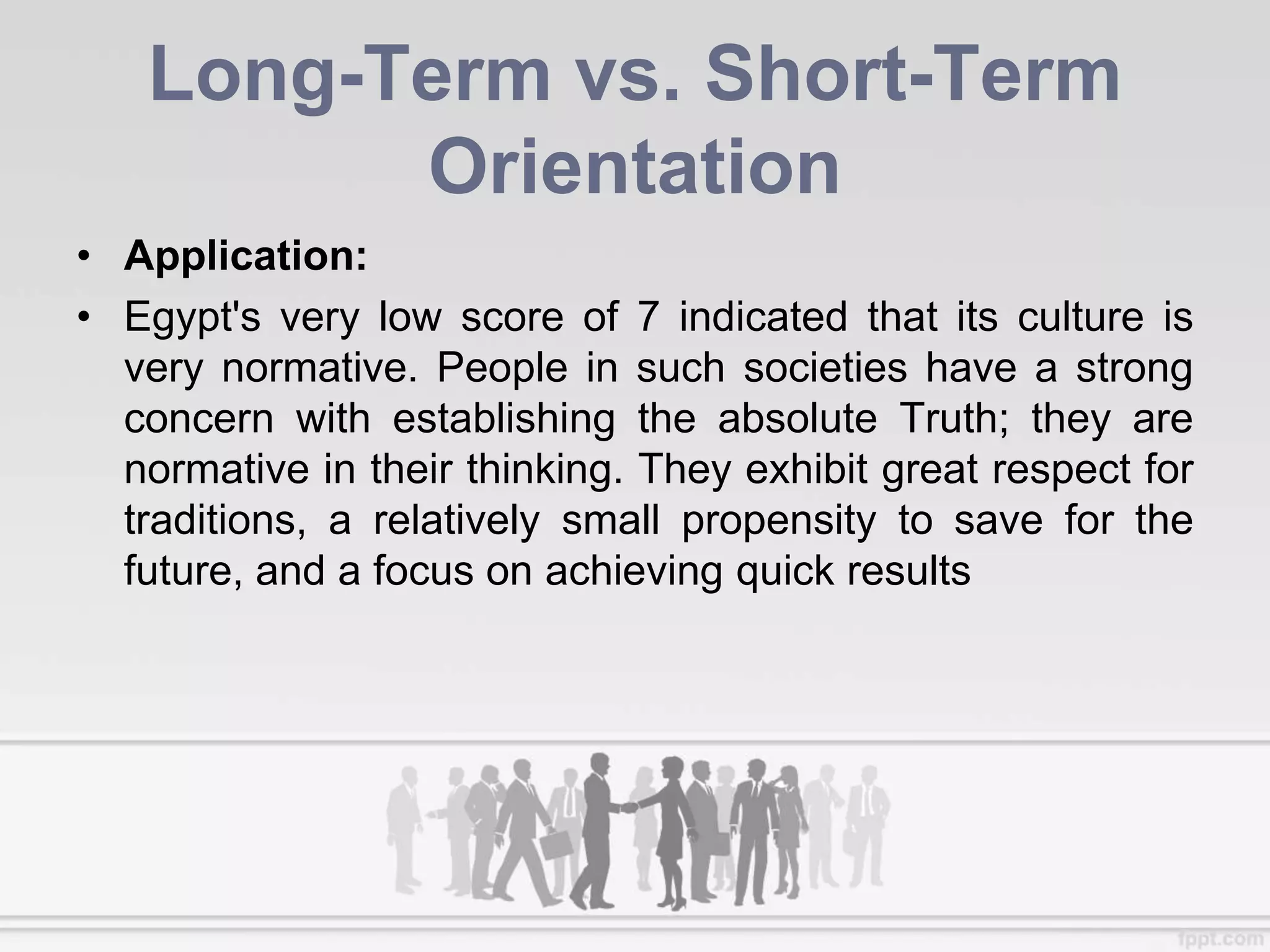 Long-Term vs. Short-Term
Orientation
• Application:
• Egypt's very low score of 7 indicated that its culture is
very normative. People in such societies have a strong
concern with establishing the absolute Truth; they are
normative in their thinking. They exhibit great respect for
traditions, a relatively small propensity to save for the
future, and a focus on achieving quick results
 
