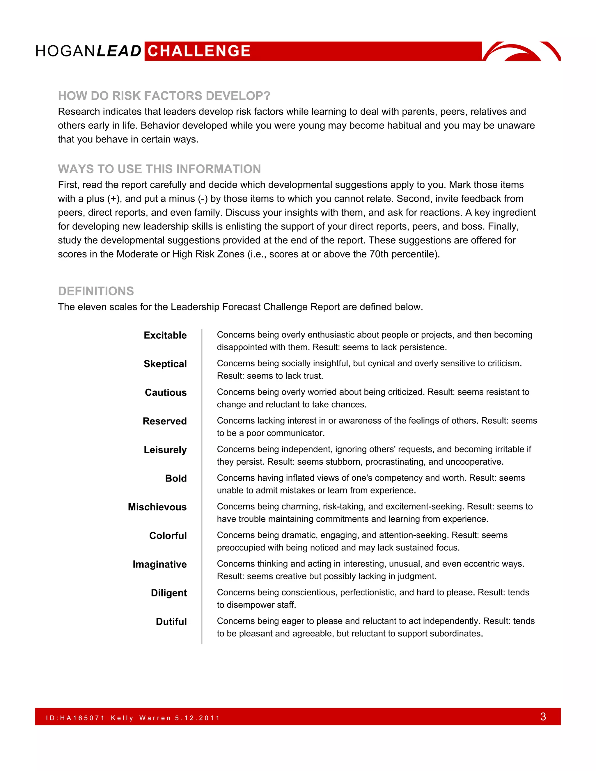 HOGANLEAD CHALLENGE

  HOW DO RISK FACTORS DEVELOP?
  Research indicates that leaders develop risk factors while learning to deal with parents, peers, relatives and
  others early in life. Behavior developed while you were young may become habitual and you may be unaware
  that you behave in certain ways.


  WAYS TO USE THIS INFORMATION
  First, read the report carefully and decide which developmental suggestions apply to you. Mark those items
  with a plus (+), and put a minus (-) by those items to which you cannot relate. Second, invite feedback from
  peers, direct reports, and even family. Discuss your insights with them, and ask for reactions. A key ingredient
  for developing new leadership skills is enlisting the support of your direct reports, peers, and boss. Finally,
  study the developmental suggestions provided at the end of the report. These suggestions are offered for
  scores in the Moderate or High Risk Zones (i.e., scores at or above the 70th percentile).


  DEFINITIONS
  The eleven scales for the Leadership Forecast Challenge Report are defined below.

                      Excitable        Concerns being overly enthusiastic about people or projects, and then becoming
                                       disappointed with them. Result: seems to lack persistence.
                      Skeptical        Concerns being socially insightful, but cynical and overly sensitive to criticism.
                                       Result: seems to lack trust.
                       Cautious        Concerns being overly worried about being criticized. Result: seems resistant to
                                       change and reluctant to take chances.
                      Reserved         Concerns lacking interest in or awareness of the feelings of others. Result: seems
                                       to be a poor communicator.
                      Leisurely        Concerns being independent, ignoring others' requests, and becoming irritable if
                                       they persist. Result: seems stubborn, procrastinating, and uncooperative.
                           Bold        Concerns having inflated views of one's competency and worth. Result: seems
                                       unable to admit mistakes or learn from experience.
                  Mischievous          Concerns being charming, risk-taking, and excitement-seeking. Result: seems to
                                       have trouble maintaining commitments and learning from experience.
                       Colorful        Concerns being dramatic, engaging, and attention-seeking. Result: seems
                                       preoccupied with being noticed and may lack sustained focus.
                   Imaginative         Concerns thinking and acting in interesting, unusual, and even eccentric ways.
                                       Result: seems creative but possibly lacking in judgment.
                        Diligent       Concerns being conscientious, perfectionistic, and hard to please. Result: tends
                                       to disempower staff.
                         Dutiful       Concerns being eager to please and reluctant to act independently. Result: tends
                                       to be pleasant and agreeable, but reluctant to support subordinates.




ID:HA165071   Kelly   Warren 5.12.2011                                                                                      3
 