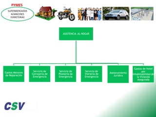 PYMES
SUPERMERCADOS
ALMACENES
FERRETERIAS

ASISTENCIA AL HOGAR

Gastos Menores
de Reparación

Servicio de
Cerrajería de
Emergencia

Servicio de
Plomería de
Emergencia

Servicio de
Vidriería de
Emergencia

Asesoramiento
Jurídico

Gastos de Hotel
por
Inhabitabilidad de
la Vivienda
Asegurada

 