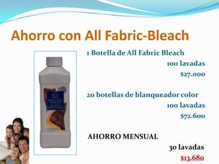 Ahorro con AllFabric-Bleach1 Botella de All Fabric Bleach100 lavadas$27.00020 botellas de blanqueador color100 lavadas$72.600AHORRO MENSUAL30 lavadas$13.680