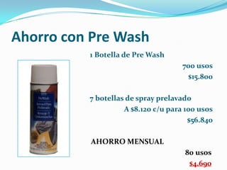 Ahorro con Pre Wash1 Botella de Pre Wash700 usos$15.8007 botellas de spray prelavadoA $8.120 c/u para 100 usos$56.840AHORRO MENSUAL80 usos$4.690