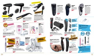 30 31
REGALO!
Plegable
Cepillo iónico
Perfilador
ingles y axilas
Especial bikini Cabezal para
recortar cabello
con 6 posiciones
de 10 a 20mm.
Perfilador
de precisión
deslizante
Cabezal para
recortar la barba
en 6 posiciones de
corte de 1 a 11mm.
Incluye peineefecto barba 3 días
CEPILLO DENTAL BRAUN
9664944/45
PC-700, acción de cepillado 3D:7800 oscilaciones
por minuto y 20000 pulsaciones por minuto, sensor
de presión, temporizador cada 30sg., autonomía de
carga 30min. Color negro con cepillo trizone y color
rosa con cepillo rotatorio. Incluye estuche de viaje.
SECADOR CON MANGO PLEGABLE
TAURUS 9671620
2200W, 2 velocidades y 3 temperaturas. Incluye
concentrador de aire y difusor. Mango plegable.
21’95
SECADOR ROWENTA 9654728
CV5022, 2200W, 3 velocidades, 3
temperaturas, pulsador de aire frío,
con filtro concentrador de aire y
difusor.
25’95
ARREGLA
DURICIAS MICRO
PEDI
9670862
MP-1001, aparato
eléctrico para el
cuidado podal,
perfecto para suavizar
y eliminar pieles
muertas y callosidades
en los pies. Rápido:
su exclusivo rodillo
micro mineral gira 360
grados, 30 veces por
segundo, acción suave
y delicada. Resultados
inmediatos.
49’95
PLANCHA DE PELO BRAUN 9670158
ST 550, placas cerámicas ultra resistentes
para un deslizamiento suave y homogéneo,
temperatura máxima 200º, calentamiento
rápido, con placas térmicas exteriores para
que rizar sea tan fácil como alisar. REGALO:
CEPILLO PELO SANTIN BRUSH. Con tecnología
iónica que elimina el encrespamiento y deja el
pelo suave al instante.
44’95
PLANCHA DE PELO REMINGTON
9673438
S-1450, revestimiento de cerámica, alta
temperatura de 215º, calentamiento en 30
segundos, placas flotantes.
19’90
AFEITADORA BIKINI REMINGTON 9623723
BKT3000, cabezal de afeitado MiniScreen: resultados
óptimos en zonas pequeñas y sensibles. Rueda de ajuste
para 5 longitudes 3-12 mm. Sin cable, 45 minutos de uso
inalámbrico. Uso en seco y mojado.
39’90
DEPILADORA BRAUN
9637255
3270, cabezal de 20
pinzas, sistema de masaje
antidolor, con luz, cabezal
adicional de corte para
afeitar, accesorio perfilador
para elegir la longitud del
vello.
54’95
DEPILADORA SILK-EPIL BRAUN 9673375
5185, cabezal de 40 pinzas, sistema de masaje antidolor,
luz de posición. Guante de frío: para calmar la piel después
de la depilación.
74’95
DEPILADORA WET
& DRY SILK-EPIL
BRAUN 9673376
7569, recargable,
utilizable bajo la ducha,
cabezal de 40 pinzas,
sistema anti-dolor, luz
de posición. Cabezal
adicional de corte
zonas íntimas.
159’00
AFEITADORA
PHILIPS
9670772
PT-717/16, a red, sistema
de doble cuchilla, ajuste
automático a los contornos
del rostro. Lavable 100%.
54’95
AFEITADORA BRAUN
9662726
SERIE 1 190, recargable o
a red, carga completa en 1
hora, 5 minutos de carga=1
afeitado. Hasta 30 minutos
de afeitado sin cable. Cabezal
flotante para adaptarse al
control facial sin esfuerzo,
cabezal completamente
lavable. Sistema de precisión
lineal para alcanzar las zonas
más difíciles.
52’95
AFEITADORA PHILIPS
9646937
PT 860/16, recargable,
funciona con y sin cable.
Cuchillas de doble precisión
eficaces incluso para las
barbas más cortas. Sistema
de doble cuchilla. Ajuste
automático a los contornos
del rostro. Recortador para
patillas y bigote. Lavable
100%. Carga completa 1
hora, proporciona hasta 50
minutos de autonomía.
84’95
DEPILADORA CORPORAL PHILIPS
9670868
BG-2024/15, recargable, autonomía hasta 50
min., uso en seco y en húmedo. Recorta y afeita
cualquier zona. Hipoalergénico y con menos
irritación. Incluye 1 cabezal para 5mm.
33’95
CORTAPELO TAURUS 9646810
IKARUS, recargable: funciona con o sin cable, hasta 40
minutos de autonomía, cuchillas de acero al cromo de alta
resistencia. 2 peines guía con 10 alturas regulables 4- 30mm.
21’95
CORTAPELO BARBERO BRAUN 9670757
CRUZER 6, sólo recargable, hasta 40 minutos de
autonomía. Completamente lavable.
49’95
39’95
Alisa y ondula
BÁSCULA BAÑO DIGITAL BEURER
9670687
PS-160, pantalla LCD XXL de grandes dígitos
de 4,7cm, medición de 100 gr./180Kg.,
encendido rápido, plataforma de
30,5 x 30,5cm.
24’90
DEPILADORA CORPORAL
BRAUN 9643389
CRUZER 5 BODY, solo recargable, 10
horas de carga para una autonomía hasta
50 min. Utilizable y lavable bajo la ducha.
3 accesorios. 3 funciones en un solo
producto: recortar, afeitar y recortar +
afeitar a la vez.
*Promoción realizada por
Braun. Hasta 31/7/04
54’95
de regalo!!
REGALO!
100Días
dePRUEBA
*Promoción
realizada por BRAUN
100DíasdePRUEBA*Promociónrealizada por BRAUN
EXISTENCIAS LIMITADAS
 
