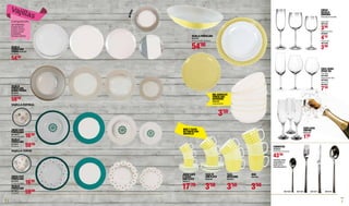 6 7
VAJILLA
PORCELANA
BANDA PIEDRA
9673016
20 piezas.
VAJILLA
PORCELANA
9673017
20 piezas.
VAJILLA
PORCELANA
9673019
20 piezas.
JUEGO CAFÉ
PORCELANA
9673018
6 tazas con plato.
VAJILLA TOPOS
VAJILLA ESPIRAL
JUEGO CAFÉ
PORCELANA
9673020
6 tazas con plato.
16’90
16’90
DETRÁS
Vajillas
VAJILLA
PORCELANA
PIEDRA 9646193
20 piezas.
Composición
20 piezas:
6 platos llanos.
6 platos hondos.
6 platos postre.
Ensaladera.
Bandeja redonda.
54’90
59’00
59’00
59’00
CUBIERTOS
9639820
SYNTESIS, 24 piezas.
(También están
disponibles en
packs de 6 u.
Consulte precio.)
9671219 9671216 9671217 9671215
43’90
COPA CAVA
EMPIRE
9632249
1’00
COPA JEWEL
(PACK 3U)
Vino 38cl.	
9634068
Degustación 50cl.	
9634069
Cava 21cl.	
9634067
Agua 26cl.
9627494
Agua/vino 35cl.
9640881
Flauta 19cl.
9627496
COPAS
NATALIA
BOHEMIA
Embalaje 6 unidades.
7’50
3’80
4’10
3’80
MUG Y TAZAS
DE PORCELANA
AMARILLO
MUG
9642482
JUEGO CAFÉ
6 TAZAS
CON PLATO
9646174
TAZA
DESAYUNO
9642487
3’50
TAZA TÉ
CON PLATO
9646180
3’50
17’70
3’50
BOL CEREALES
PORCELANA
DECORADO
9642432
Linea amarilla.
3’50
VAJILLA PORCELANA
9642429
Vichy amarillo, 20 piezas.
54’90
U.
 