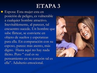 ETAPA 3 Esposa: Esta mujer esta en posición de peligro, es vulnerable a cualquier hombre atractivo.  Inevitablemente, al parecer, tal encuentro sucede. Un hombre que sabe flirtear, se convierte en objeto de sueños y esperanzas para ella. En comparación con su esposo, parece más atento, más digno.  Hasta aquí no hay nada ilícito. Pero “ cual es su pensamiento en su corazón tal es ella”. Adulterio emocional. 