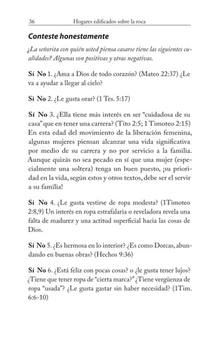 36 Hogares edificados sobre la roca
Conteste honestamente
¿La señorita con quién usted piensa casarse tiene las siguientes cu-
alidades? Algunas son positivas y otras negativas.
Sí No 1. ¿Ama a Dios de todo corazón? (Mateo 22:37) ¿Le
va a ayudar a llegar al cielo?
Si No 2. ¿Le gusta orar? (1 Tes. 5:17)
Sí No 3. ¿Ella tiene más interés en ser “cuidadosa de su
casa”que en tener una carrera? (Tito 2:5; 1 Timoteo 2:15)
En esta edad del movimiento de la liberación femenina,
algunas mujeres piensan alcanzar una vida significativa
por medio de su carrera y no por servicio a la familia.
Aunque quizás no sea pecado en sí que una mujer (espe-
cialmente una soltera) tenga un buen puesto, ¡su priori-
dad en la vida, según estos y otros textos, debe ser el servir
a su familia!
Sí No 4. ¿Le gusta vestirse de ropa modesta? (1Timoteo
2:8,9) Un interés en ropa estrafalaria o reveladora revela una
falta de madurez y una actitud superficial hacia las cosas de
Dios.
Sí No 5.¿Es hermosa en lo interior? ¿Es como Dorcas,abun-
dando en buenas obras? (Hechos 9:36)
Sí No 6. ¿Está feliz con pocas cosas? o ¿le gusta tener lujos?
¿Tiene que tener ropa de “cierta marca?”¿Tiene vergüenza de
ropa “usada”? ¿Le gusta gastar sin haber necesidad? (1Tim.
6:6-10)
 