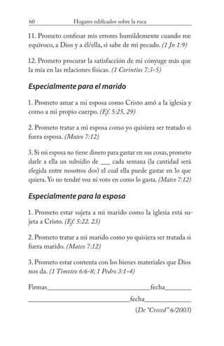 60 Hogares edificados sobre la roca
11. Prometo confesar mis errores humildemente cuando me
equivoco, a Dios y a él/ella, si sabe de mi pecado. (1 Jn 1:9)
12. Prometo procurar la satisfacción de mi cónyuge más que
la mía en las relaciones físicas. (1 Corintios 7:3-5)
Especialmente para el marido
1. Prometo amar a mi esposa como Cristo amó a la iglesia y
como a mi propio cuerpo. (Ef. 5:25, 29)
2. Prometo tratar a mi esposa como yo quisiera ser tratado si
fuera esposa. (Mateo 7:12)
3.Si mi esposa no tiene dinero para gastar en sus cosas,prometo
darle a ella un subsidio de ___ cada semana (la cantidad será
elegida entre nosotros dos) el cual ella puede gastar en lo que
quiera. Yo no tendré voz ni voto en como lo gasta. (Mateo 7:12)
Especialmente para la esposa
1. Prometo estar sujeta a mi marido como la iglesia está su-
jeta a Cristo. (Ef. 5:22. 23)
2. Prometo tratar a mi marido como yo quisiera ser tratada si
fuera marido. (Mateo 7:12)
3. Prometo estar contenta con los bienes materiales que Dios
nos da. (1 Timoteo 6:6-8; 1 Pedro 3:1-4)
Firmas							 fecha		
							 fecha			
(De “Creced” 6/2003)
 