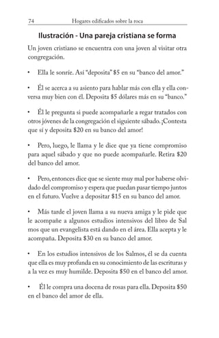 74 Hogares edificados sobre la roca
Ilustración - Una pareja cristiana se forma
Un joven cristiano se encuentra con una joven al visitar otra
congregación.
Ella le sonríe. Así “deposita” $5 en su “banco del amor.”
Él se acerca a su asiento para hablar más con ella y ella con-
versa muy bien con él. Deposita $5 dólares más en su “banco.”
Él le pregunta si puede acompañarle a regar tratados con
otros jóvenes de la congregación el siguiente sábado.¡Contesta
que sí y deposita $20 en su banco del amor!
Pero, luego, le llama y le dice que ya tiene compromiso
para aquel sábado y que no puede acompañarle. Retira $20
del banco del amor.
Pero,entonces dice que se siente muy mal por haberse olvi-
dado del compromiso y espera que puedan pasar tiempo juntos
en el futuro. Vuelve a depositar $15 en su banco del amor.
Más tarde el joven llama a su nueva amiga y le pide que
le acompañe a algunos estudios intensivos del libro de Sal
mos que un evangelista está dando en el área. Ella acepta y le
acompaña. Deposita $30 en su banco del amor.
En los estudios intensivos de los Salmos, él se da cuenta
que ella es muy profunda en su conocimiento de las escrituras y
a la vez es muy humilde. Deposita $50 en el banco del amor.
Él le compra una docena de rosas para ella.Deposita $50
en el banco del amor de ella.
•
•
•
•
•
•
•
•
 