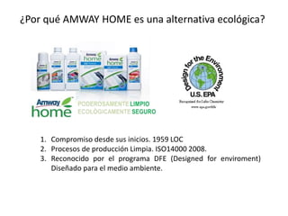¿Por qué AMWAY HOME es una alternativa ecológica?




    1. Compromiso desde sus inicios. 1959 LOC
    2. Procesos de producción Limpia. ISO14000 2008.
    3. Reconocido por el programa DFE (Designed for enviroment)
       Diseñado para el medio ambiente.
 