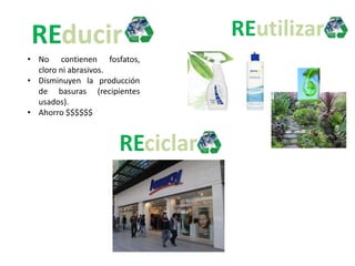 • No contienen fosfatos,
  cloro ni abrasivos.
• Disminuyen la producción
  de basuras (recipientes
  usados).
• Ahorro $$$$$$
 