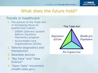 What does the future hold?
• Trends in healthcare
1. The pursuit of the Triple Aim
 Increasing focus on
quality/cost (value)
• DSRIP (Delivery System
Reform Incentive
Payments) program
• Accountable Care
Organizations (ACOs)
1. Tailored diagnostics and
therapeutics
2. Wearable devices
3. “Big Data” and “Data
Science”
4. “Open Data” movement
(health.data.gov)
“The Triple Aim”
 
