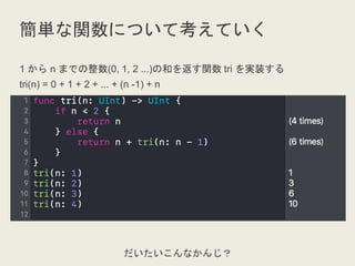 簡単な関数について考えていく
1 から n までの整数(0, 1, 2 ...)の和を返す関数 tri を実装する
tri(n) = 0 + 1 + 2 + ... + (n -1) + n
だいたいこんなかんじ？
 