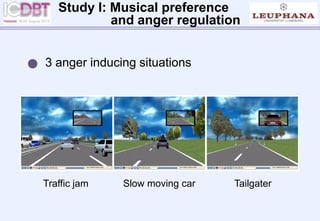 Study I: Musical preference
and anger regulation
 3 anger inducing situations
Traffic jam Slow moving car Tailgater
 