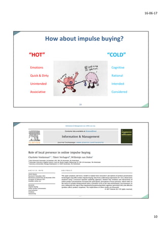 16-06-17
10
1919
“HOT” “COLD”
Cognitive
Rational
Intended
Considered
How	about impulse buying?
Emotions
Quick	&	Dirty
Unintended
Associative
2020
 
