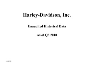Harley-Davidson, Inc.

             Unaudited Historical Data

                  As of Q3 2010




11/09/10
 