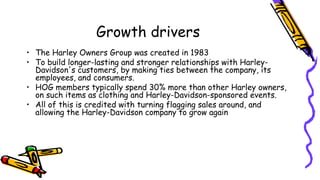 Growth drivers
• The Harley Owners Group was created in 1983
• To build longer-lasting and stronger relationships with Harley-
Davidson's customers, by making ties between the company, its
employees, and consumers.
• HOG members typically spend 30% more than other Harley owners,
on such items as clothing and Harley-Davidson-sponsored events.
• All of this is credited with turning flagging sales around, and
allowing the Harley-Davidson company to grow again
 