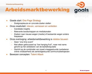Arbeidsmarktbewerking Goede start:  One Page Strategy Doelgroepkeuze en concrete doelen stellen Onze creativiteit:  inleven, verrassen en verleiden  Candidate insights Relevante boodschappen en mediakanalen Zoeken naar nieuwe wegen (media) of bestaande wegen anders toepassen Onze overtuiging: arbeidsmarktbewerking is  relaties bouwen  Geen “one time event” Niet alleen gefocussed op “low hanging fruit”, maar met name g ericht op het verbeteren van de bedrijfsreputatie  Gericht op de combinatie van zowel vraaggestuurde ( verbeteren  online vindbaarheid) als aanbodgestuurde communicatietrajecten Bewezen concepten:  Talent Attack 