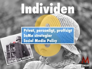 Individen Privat, personligt, proffsigt 
SoMe 3 strategier 
Social Media Policy 
 