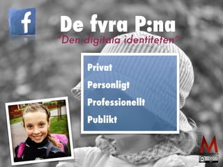 De fyra P:na 
“Den digitala identiteten” 
Privat 
Personligt 
Professionellt 
Publikt 
 