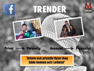TRENDER 
Privat personen 
Organisationen/företaget 
Privat Anonymt 
Personlig Personligt 
”Arbete och privatliv flyter ihop 
både hemma och i arbetet” 
 