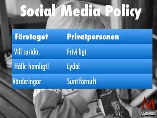 Social Media Policy 
Företaget Privatpersonen 
Vill sprida. Frivilligt 
Hålla hemligt! Lyda! 
Värderingar Sunt förnuft 
 