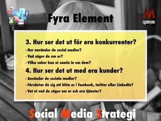 Fyra Element 
3. Hur ser det ut för era konkurrenter? 
- Hur använder de social medier? 
- Vad säger de om er? 
- Vilka saker kan ni samla in om dem? 
4. Hur ser det ut med era kunder? 
- Använder de sociala medier? 
- Förväntar de sig att hitta er i facebook, twitter eller LinkedIn? 
- Vet ni vad de säger om er och era tjänster? 
Social Media Strategi 
 