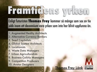 Tre tekniska pelare
Internet Sociala medier Smart phones
Digital kompetens Innovation
Framtidens yrken
Enligt futuristen Thomas Frey kommer så många som sex av tio
jobb inom ett decennium vara yrken som inte har blivit uppfunna än.
1. Augmented Reality Architects
2. Alternative Currency Bankers
3. Seed Capitalists
4. Global System Architects
5. Locationists
6. Waste Data Managers
7. Urban Agriculturalists
8. Business Colony Managers
9. Competition Producers
10. Avatar Designers
Thomas Frey Länk
 