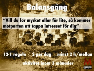 Balansgång
“Vill du för mycket eller för lite, så kommer
motparten att tappa intresset för dig”
12-1 regeln 2 per dag minst 2 h/mellan
aktivitet inom 3 månader
 