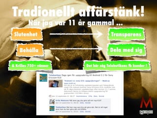 Tradionellt affärstänk!
Slutenhet
Behålla
Transparens
Dela med sig
& Krilles 750+ vänner Det här såg Telebutikens fb kunder !
När jag var 11 år gammal ...
 