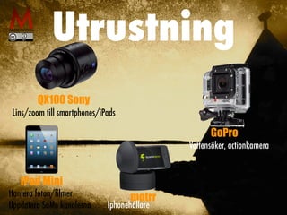 Utrustning
Vattensäker, actionkamera
GoPro
QX100 Sony
Lins/zoom till smartphones/iPads
iPad Mini
Hantera foton/ﬁlmer
Uppdatera SoMe kanalerna
motrr
Iphonehållare
 