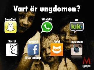 Vart är ungdomen?
WhatsUpSnapChat kik
facebook
låsta grupper
InstagramSecret Jodel
 