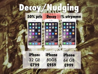 Decoy/Nudging
iPhone 
64 GB 
€999
iPhone 
32 GB 
€799
50% pris 50% utrymmeDecoy
iPhone 
50GB 
€959
 