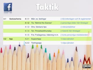 4.1 Veckoschema 4.1.1 Mån; ev. tävlingar i) följ lotterilagen och fb reglementet
4.1.2 Tis; “Behind the Scenes” i) personliga bilder från företaget
4.1.3 Ons; Veckans tips i) relevantalänkar
4.1.4 Tor; Throwbackthursday i) historik från företaget
4.1.5 Fre; Fredagsmys, hälsning m.m. i) korta personliga meddelanden
4.2 App 4.2.1 Supportapp *) köpa tjänsten
4.2.2 Tävlingsapp *) köpa tjänsten
Taktik
 