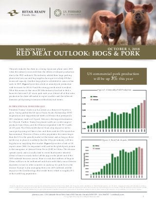 US commercial pork production
will be up 3% this year
The pork industry has been in a strong expansion phase since 2015
when the industry recovered from the eﬀects of reduced production
due to the PED outbreak. The industry added three large packing
plants late last year and hog supplies have grown to help ﬁll that
increased capacity. Another large plant is scheduled to come on line
early in 2019. Figure 1 provides a look at annual pork production
with forecasts for 2018-19 and the strong growth trend is evident.
What this means is that since 2014 the industry has had to ﬁnd a
home for between 3-4% more pork each year. Almost all of that extra
production has been oﬄoaded to export markets and that allowed
domestic pork pricing to remain within historical norms.
INTERNATIONAL PORK DEMAND
President Trump’s trade war has arisen as a threat to US pork ex-
ports. Trump pulled the US out of Trans-Paciﬁc Partnership (TPP)
negotiations and slapped metal tariﬀs on Mexico that prompted a
20% retaliatory tariﬀ on US pork. Mexico is the largest destination
for US pork. Further, Trump has placed tariﬀs on a wide range of
products from China, and the Chinese responded with 50% tariﬀs
on US pork. The China tariﬀs haven’t had a big impact so far be-
cause pork pricing in China is low and their need for US exports has
been minimal. However, China, with a population ﬁve times larger
than the US, is the growth market of the future and as long as these
tariﬀs stay in place it is unlikely that the US pork industry will be a
big player in supplying that market. Figure 2 provides a look at US
exports since 2000. An important wild-card in the global pork picture
is the emergence of African Swine Fever (ASF) in China. This disease
spreads easily and is usually fatal to swine that become infected.
China is home to nearly half of all the pigs on the planet and if the
ASF outbreak becomes severe, there is a risk that millions of hogs in
China will have to be euthanized and that would likely cause Chinese
importers to turn to other countries to make up for pork lost to the
disease. Europe is also managing their own ASF outbreak and the
impact on the 2 million hogs that reside there, which is roughly 25%
of the world hog population.
While the information contained in this report has been obtained from sources believed to be reliable, JSF Group Inc. and its subsidiaries (i.e. Retail Ready Foods Inc., J.S. Ferraro & Company) disclaims all warranties as to the ac-
curacy, completeness or adequacy of such information. The information is not a recommendation to trade nor investment research. User assumes sole responsibility for the use it makes of this information to achieve his/her intended
results. No Part of this material may be copied, photocopied or duplicated in any form by any means or redistributed without the prior written consent of JSF Group Inc. or its subsidiary, J.S. Ferraro & Company.
Figure 1: Commodity Pork Production
RED MEAT OUTLOOK: HOGS & PORK
THE MONTHLY OCTOBER 1, 2018
jsferraro.com | 130 Adelaide Street West, Suite 3302 Toronto, Ontario M5H 3P5 | 416.306.8787 | retailready.com
© Copyright JSF Group Inc. All Rights Reserved, 2018. 1
Figure 2: Total Pork Exports
 