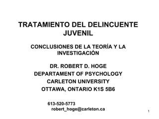 TRATAMIENTO DEL DELINCUENTE JUVENIL CONCLUSIONES DE LA TEORÍA Y LA INVESTIGACIÓN DR. ROBERT D. HOGE DEPARTAMENT OF PSYCHOLOGY CARLETON UNIVERSITY OTTAWA, ONTARIO K1S 5B6 613-520-5773   [email_address] 