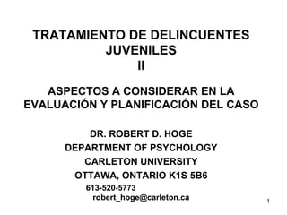 TRATAMIENTO DE DELINCUENTES JUVENILES II ASPECTOS A CONSIDERAR EN LA EVALUACIÓN Y PLANIFICACIÓN DEL CASO DR. ROBERT D. HOGE DEPARTMENT OF PSYCHOLOGY CARLETON UNIVERSITY OTTAWA, ONTARIO K1S 5B6 613-520-5773   [email_address] 