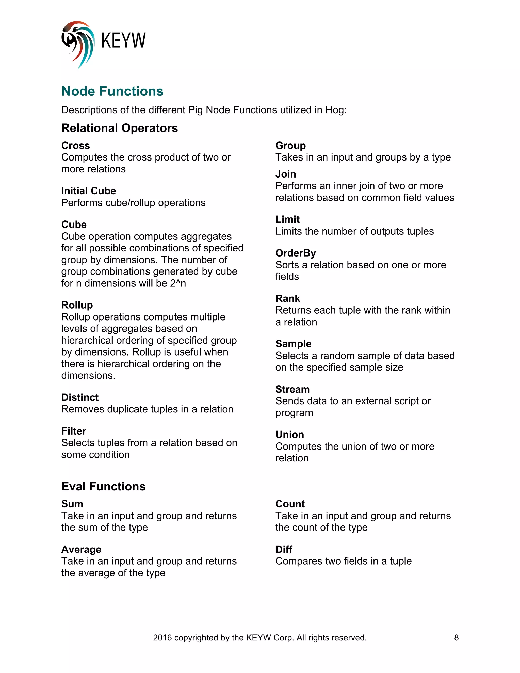 2016 copyrighted by the KEYW Corp. All rights reserved. 8
Node Functions
Descriptions of the different Pig Node Functions utilized in Hog:
Relational Operators
Cross
Computes the cross product of two or
more relations
Initial Cube
Performs cube/rollup operations
Cube
Cube operation computes aggregates
for all possible combinations of specified
group by dimensions. The number of
group combinations generated by cube
for n dimensions will be 2^n
Rollup
Rollup operations computes multiple
levels of aggregates based on
hierarchical ordering of specified group
by dimensions. Rollup is useful when
there is hierarchical ordering on the
dimensions.
Distinct
Removes duplicate tuples in a relation
Filter
Selects tuples from a relation based on
some condition
Group
Takes in an input and groups by a type
Join
Performs an inner join of two or more
relations based on common field values
Limit
Limits the number of outputs tuples
OrderBy
Sorts a relation based on one or more
fields
Rank
Returns each tuple with the rank within
a relation
Sample
Selects a random sample of data based
on the specified sample size
Stream
Sends data to an external script or
program
Union
Computes the union of two or more
relation
Eval Functions
Sum
Take in an input and group and returns
the sum of the type
Average
Take in an input and group and returns
the average of the type
Count
Take in an input and group and returns
the count of the type
Diff
Compares two fields in a tuple
 