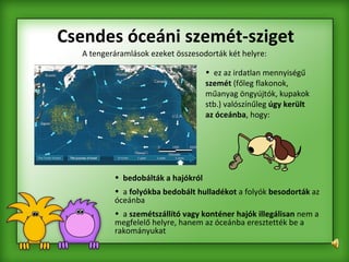 A tengeráramlások ezeket összesodorták két helyre: Csendes óceáni szemét-sziget ez az irdatlan mennyiségű  szemét  (főleg flakonok, műanyag öngyújtók, kupakok stb.) valószínűleg  úgy került az óceánba , hogy: bedobálták a hajókról  a  folyókba bedobált hulladékot  a folyók  besodorták  az óceánba a  szemétszállító vagy konténer hajók illegálisan  nem a megfelelő helyre, hanem az óceánba eresztették be a rakományukat  