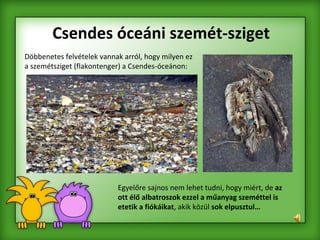 Csendes óceáni szemét-sziget Egyelőre sajnos nem lehet tudni, hogy miért, de  az ott élő albatroszok ezzel a műanyag szeméttel is etetik a fiókáikat , akik közül  sok elpusztul…   Döbbenetes felvételek vannak arról, hogy milyen ez a szemétsziget (flakontenger) a Csendes-óceánon:   