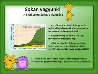 Sokan vagyunk! A Föld lakosságának alakulása a grafikonok azt is jelzik, hogy az ún.  fejlett világ lakosainak a létszáma nem fog számottevően emelkedni a fejlődő világ az, ahol a létszám meredeken emelkedni fog ebből az következik, hogy a gazdag/ fejlett világ egyre gazdagabbá válik, a  szegény világ pedig egyre szegényebbé ! számolni kell tehát azzal, hogy az  emberiség  ebben az értelemben  polarizálódni fog  az elkövetkező évtizedekben!   