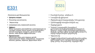 E331
- безопасно для большинства
• Цитраты натрия
• Регулятор кислотности;
• Эмульгатор
• натриевая соль лимонной кислоты
• Эффект:
Могут вызывать расстройства у реагирующих на
глутамат натрия; могут влиять на выделение с
мочой некоторых лекарств, делая их либо
менее, либо более эффективными
• Применение:
Молочная смесь для грудных детей,
прессованный творог, мороженое, сгущенное
молоко, джемы, варенье, фруктовые желе

•
•
•
•
•
•

Շատերի համար անվնաս է:
Նատրիումի ցիտրատ
Թթվայնության կարգավորիչ; էմուլգատոր
Լիմոնաթթվի նատրիումական աղ:
Ազդեցություն
Կարող է առաջացնել նատրիում
գլուտամատի կարգավորիչի խանգարում;
կարող է ազդել մեզի արտադրությանըորոշ
դեղերի, դրանք ավելի պակաացնելով կամ էլ
ավելի արդյունավետ դարձնելով:
• Կիրառումը
• Կրցքի երեխաների կաթնային խառնուրդներ,
պինդ կաթնաշոռ, պաղպաղակ խտացրած
կաթ, ջեմեր, մուրաբաներ, մրգային ժելե:

 