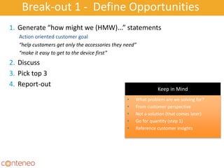 Break-out 1 - Define Opportunities
• What problem are we solving for?
• From customer perspective
• Not a solution (that comes later)
• Go for quantity (step 1)
• Reference customer insights
1. Generate “how might we (HMW)...” statements
Action oriented customer goal
“help customers get only the accessories they need”
“make it easy to get to the device first”
2. Discuss
3. Pick top 3
4. Report-out
Keep in Mind
 