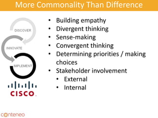 More Commonality Than Difference
4
• Building empathy
• Divergent thinking
• Sense-making
• Convergent thinking
• Determining priorities / making
choices
• Stakeholder involvement
• External
• Internal
 