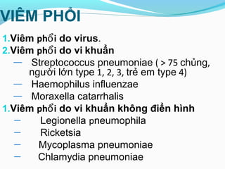 VIÊM PHỔI
1.Viêm ph iổ do virus.
2.Viêm ph iổ do vi khuẩn
— Streptococcus pneumoniae ( > 75 chủng,
người lớn type 1, 2, 3, trẻ em type 4)
— Haemophilus influenzae
— Moraxella catarrhalis
1.Viêm ph iổ do vi khuẩn không điển hình
— Legionella pneumophila
— Ricketsia
— Mycoplasma pneumoniae
— Chlamydia pneumoniae
 