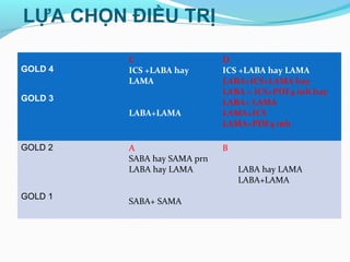 LỰA CHỌN ĐIỀU TRỊ
GOLD 4
GOLD 3
C
ICS +LABA hay
LAMA
LABA+LAMA
D
ICS +LABA hay LAMA
LABA+ICS+LAMA hay
LABA + ICS+PDF4 inh hay
LABA+ LAMA
LAMA+ICS
LAMA+PDF4 inh
GOLD 2
GOLD 1
A
SABA hay SAMA prn
LABA hay LAMA
SABA+ SAMA
B
LABA hay LAMA
LABA+LAMA
 