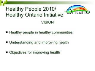 Healthy People 2010/ Healthy Ontario Initiative VISION Healthy people in healthy communities Understanding and improving health Objectives for improving health 